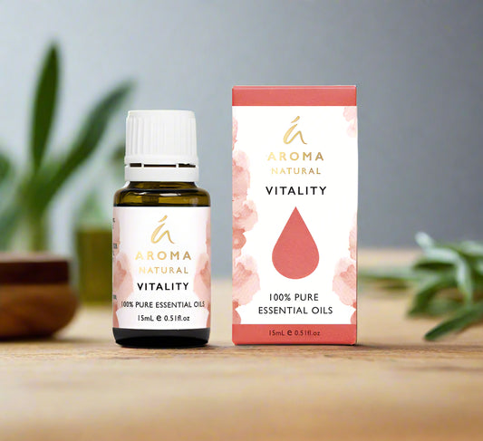 Nutshell Aroma Natural Vitality Essential Oil Blend in 15ml bottle with matching packaging on wooden surface