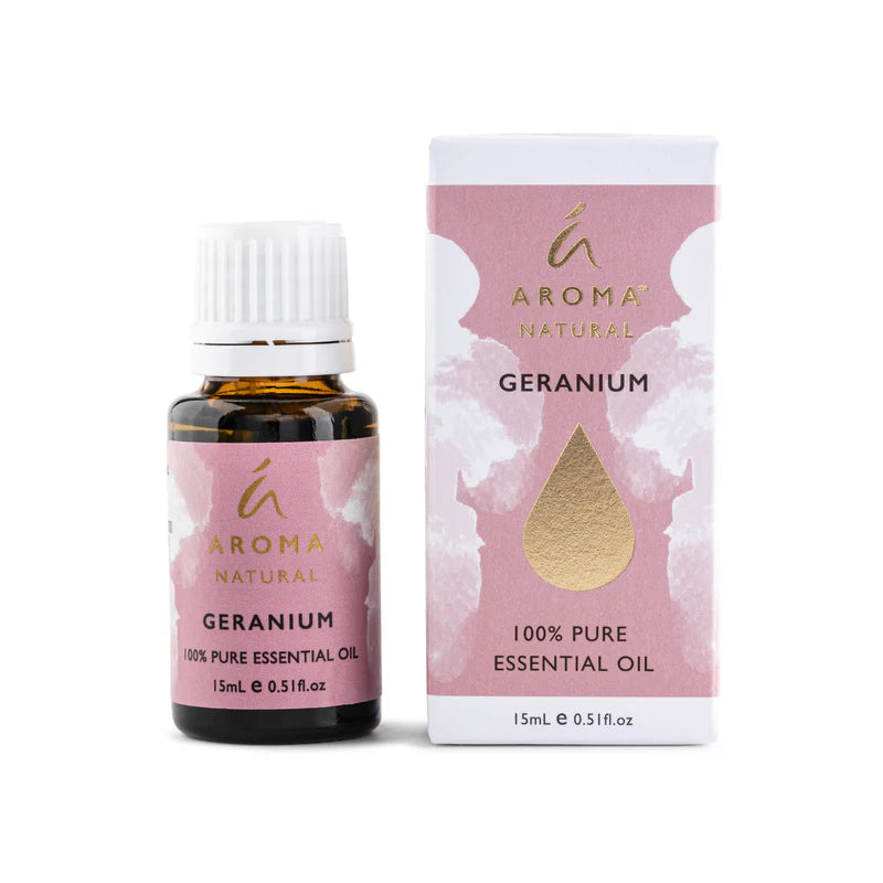 Nutshell Geranium Pure Essential Oil 15ml bottle and pink box with gold accents
