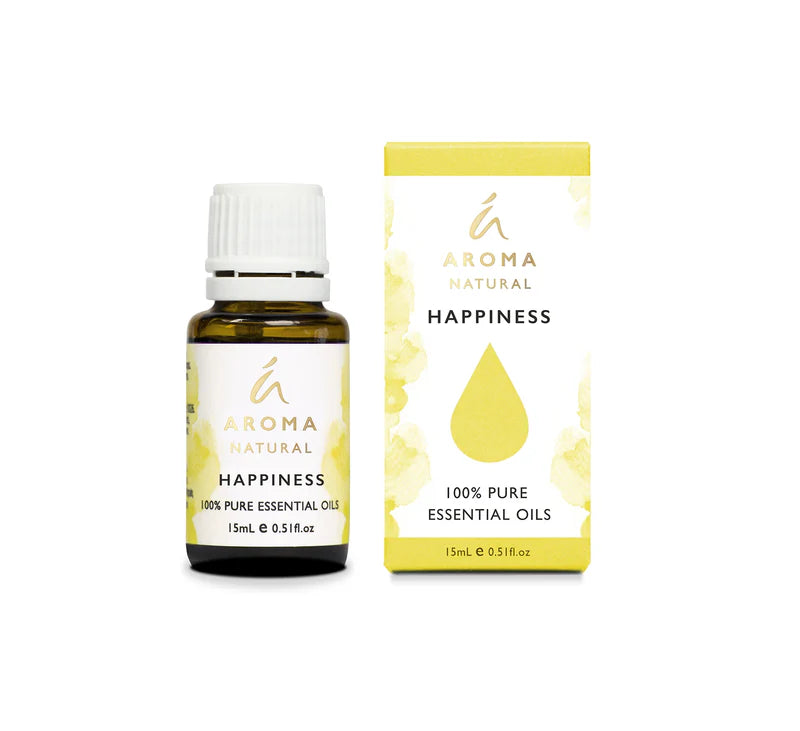 Nutshell Aroma Natural Happiness Essential Oil Blend in 15ml amber bottle with yellow and white packaging