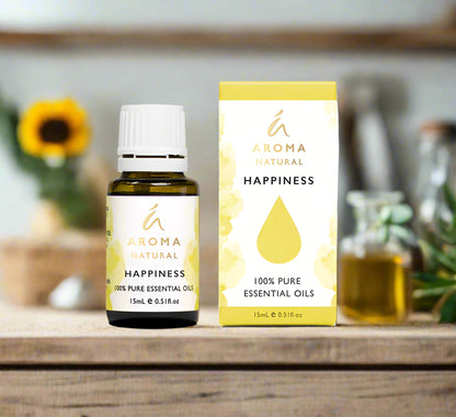 Nutshell Aroma Natural Happiness Essential Oil Blend 15ml bottle with packaging on wooden surface