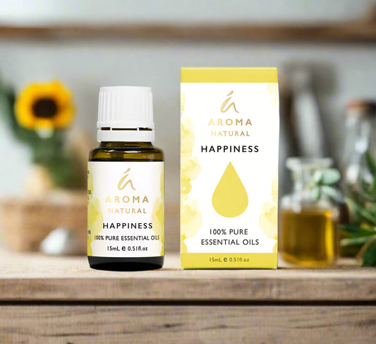 Nutshell Aroma Natural Happiness Essential Oil Blend 15ml bottle with packaging on wooden surface