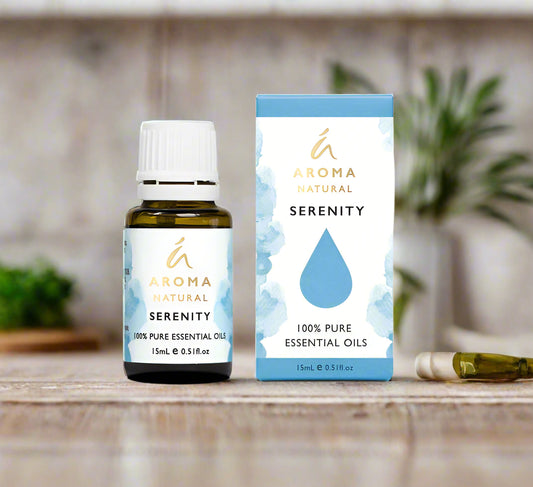Nutshell Essential Oil Blend Serenity 15ml bottle and packaging with natural aroma theme