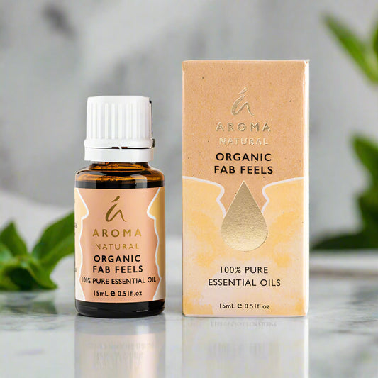 Nutshell Organic Fab Feels Essential Oil Blend bottle and box with 100% pure essential oils