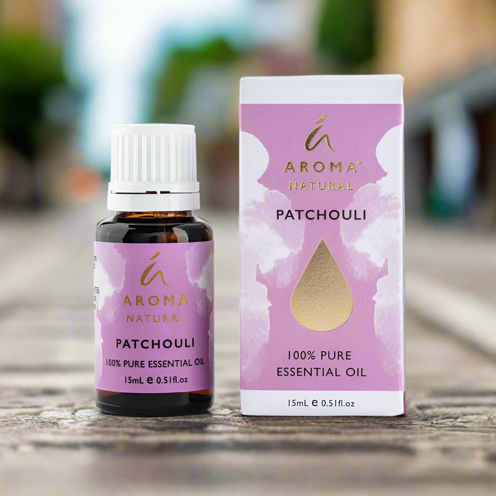 Nutshell Aroma Natural Patchouli Pure Essential Oil 15ml bottle and box with lavender design