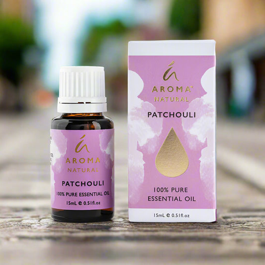 Nutshell Aroma Natural Patchouli Pure Essential Oil 15ml bottle and box with lavender design