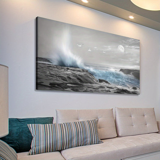 Art Deco Sea Wave Wall Art featuring crashing waves and a serene coastal scene