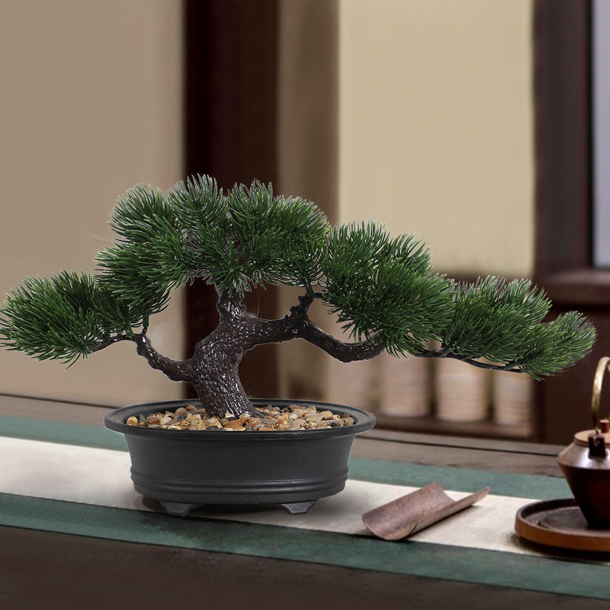 Artificial Bonsai Tabletop Decor in a black pot with detailed green foliage and decorative gravel