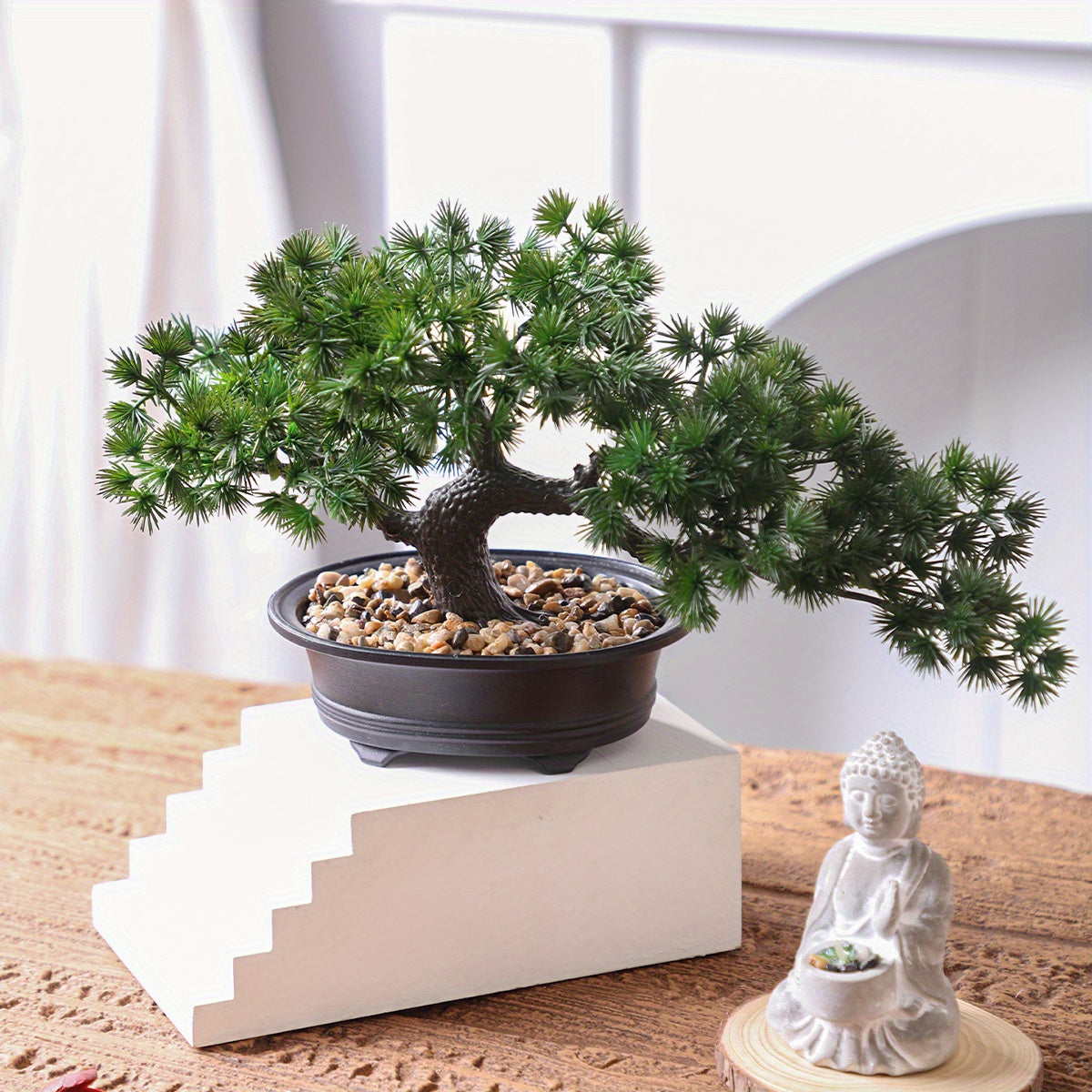 Artificial Bonsai Tabletop Decor in a Black Pot with Realistic Green Leaves and Pebble Base