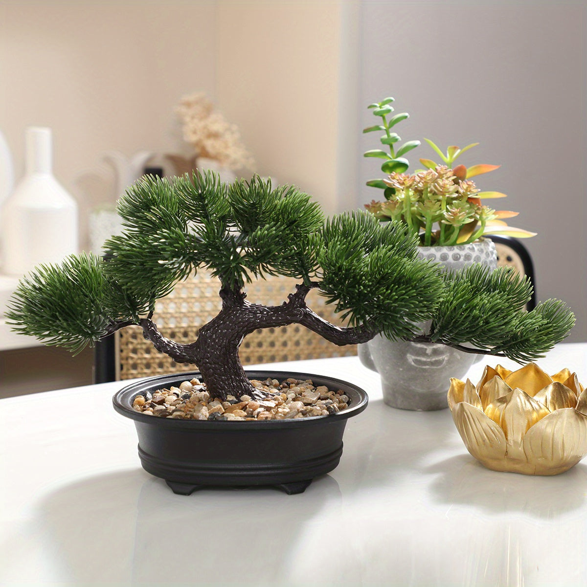 Artificial Bonsai Tabletop Decor featuring a realistic green tree in a decorative pot