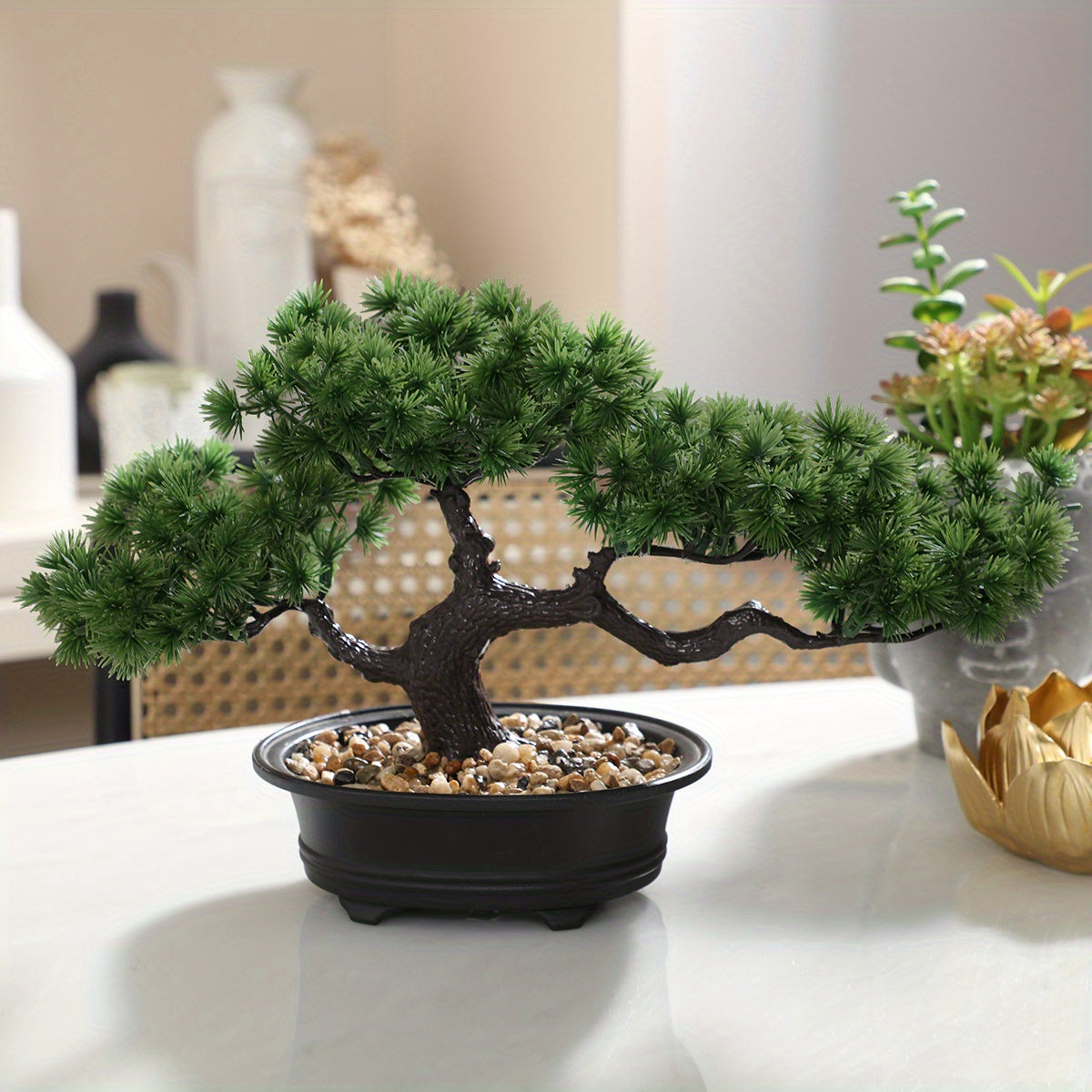 Artificial Bonsai Tabletop Decor with lush greenery in a black pot, perfect for home or office styling