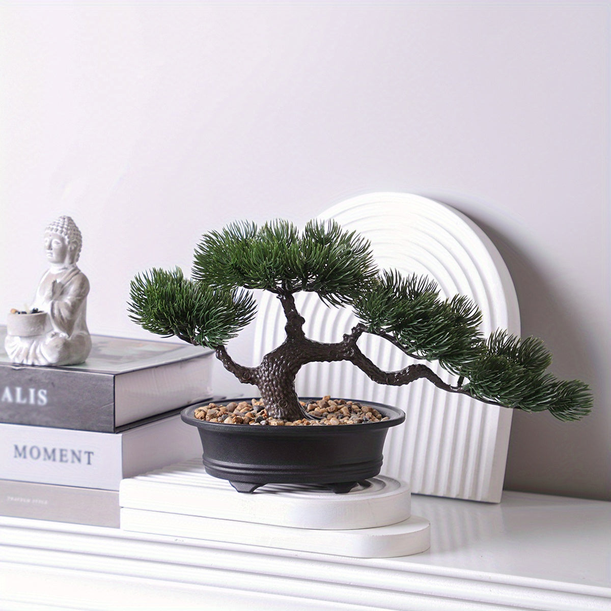 Artificial Bonsai Tabletop Decor in black pot with realistic leaves and decorative stones