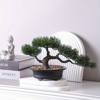 Artificial Bonsai Tabletop Decor in black pot with realistic leaves and decorative stones