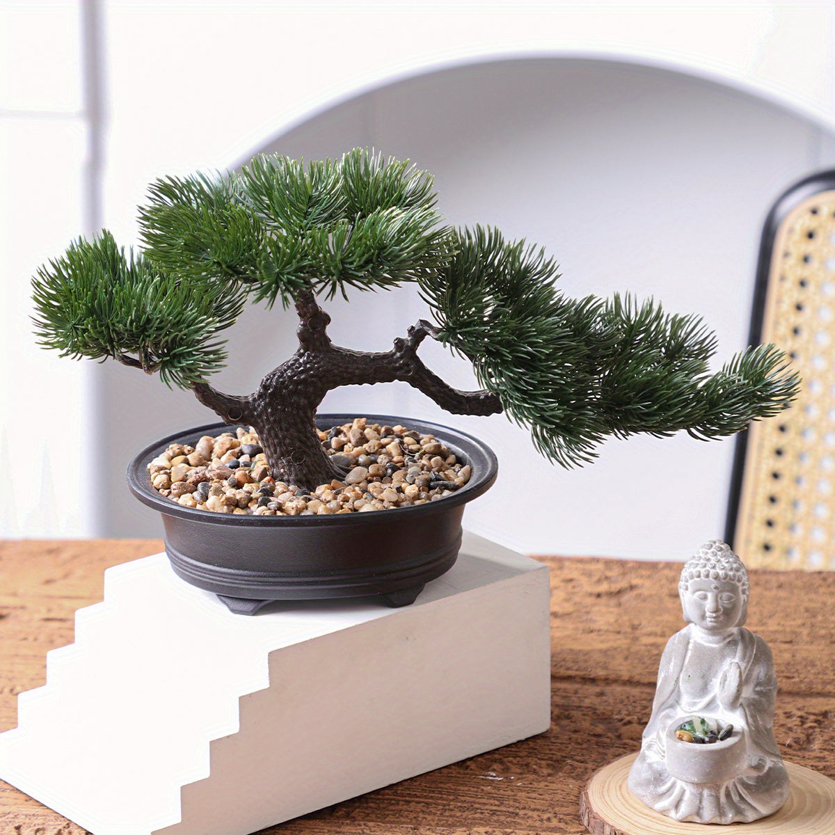 Artificial Bonsai Tabletop Decor in a black pot featuring realistic foliage for home or office display