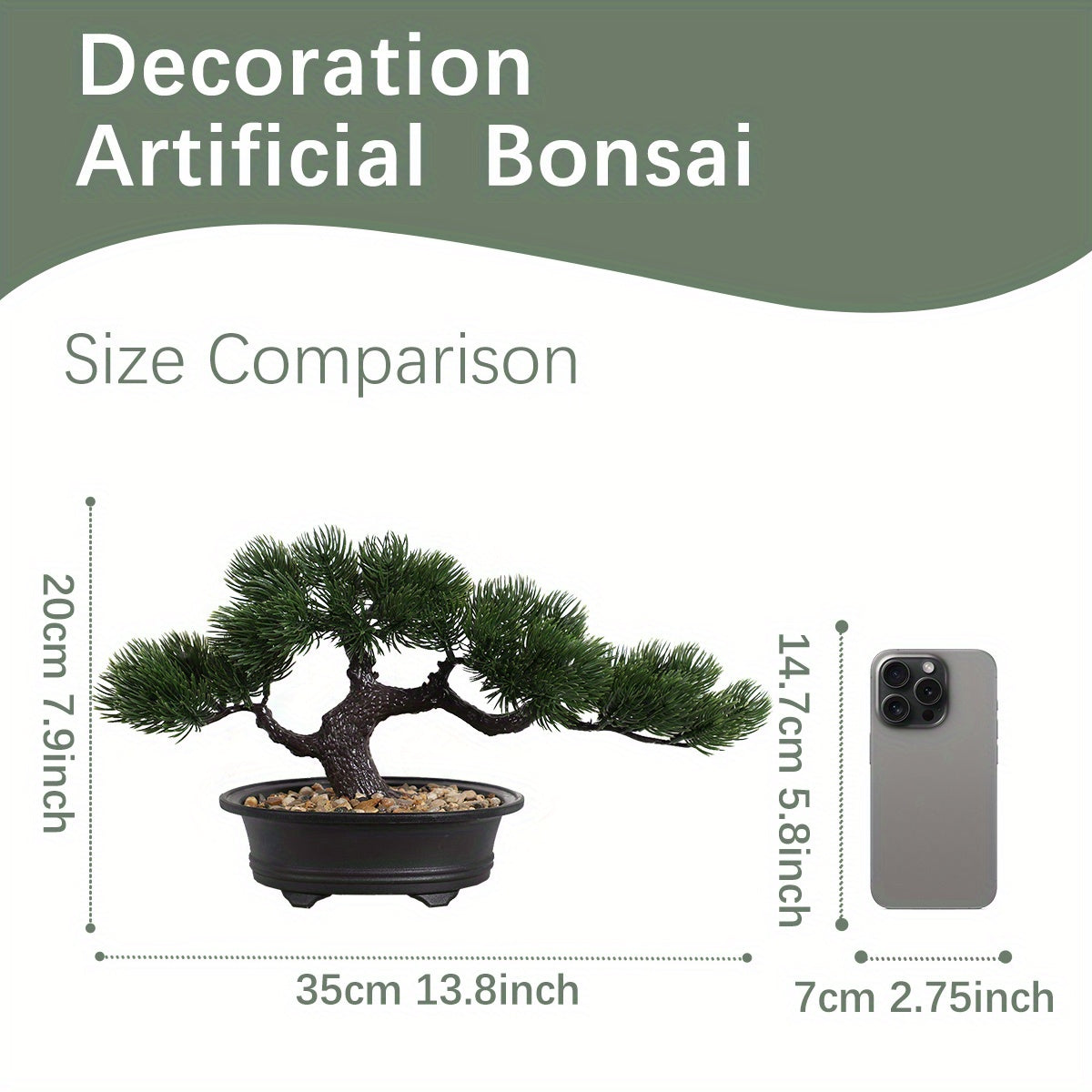 Artificial Bonsai Tabletop Decor in a black pot with lush green foliage and decorative stones