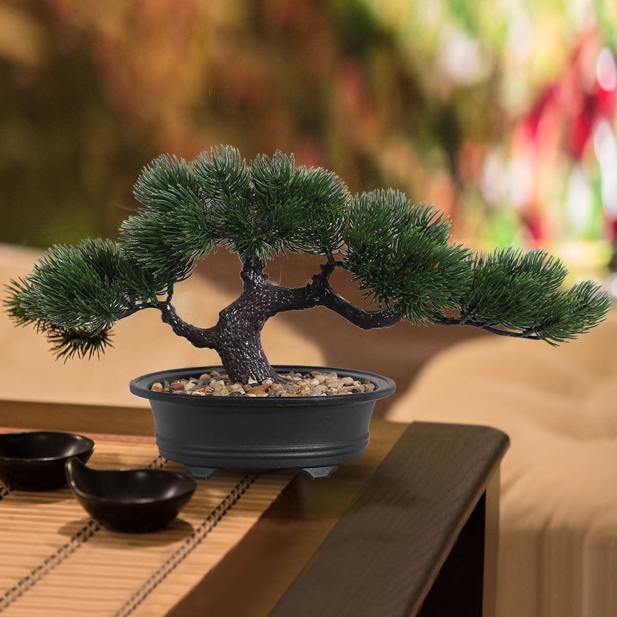 Artificial Bonsai Tabletop Decor with Lifelike Green Foliage in a Decorative Pot for Home or Office Use