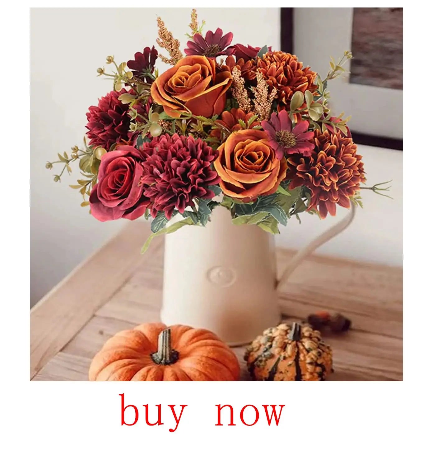 Artificial eucalyptus bouquet with vibrant roses and seasonal flowers in a decorative pitcher