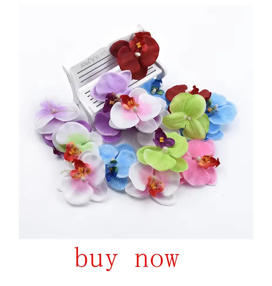 Colorful artificial eucalyptus bouquet featuring vibrant orchids in various colors and sizes