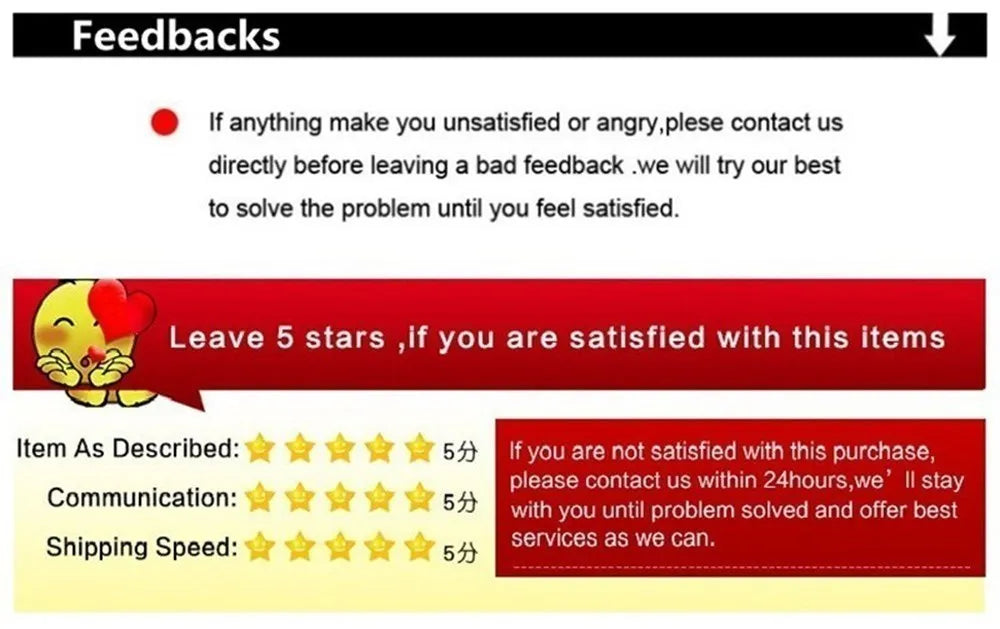 Customer feedback message with instructions for leaving reviews and contacting for issues regarding items purchased