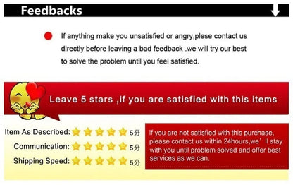 Customer feedback message with instructions for leaving reviews and contacting for issues regarding items purchased
