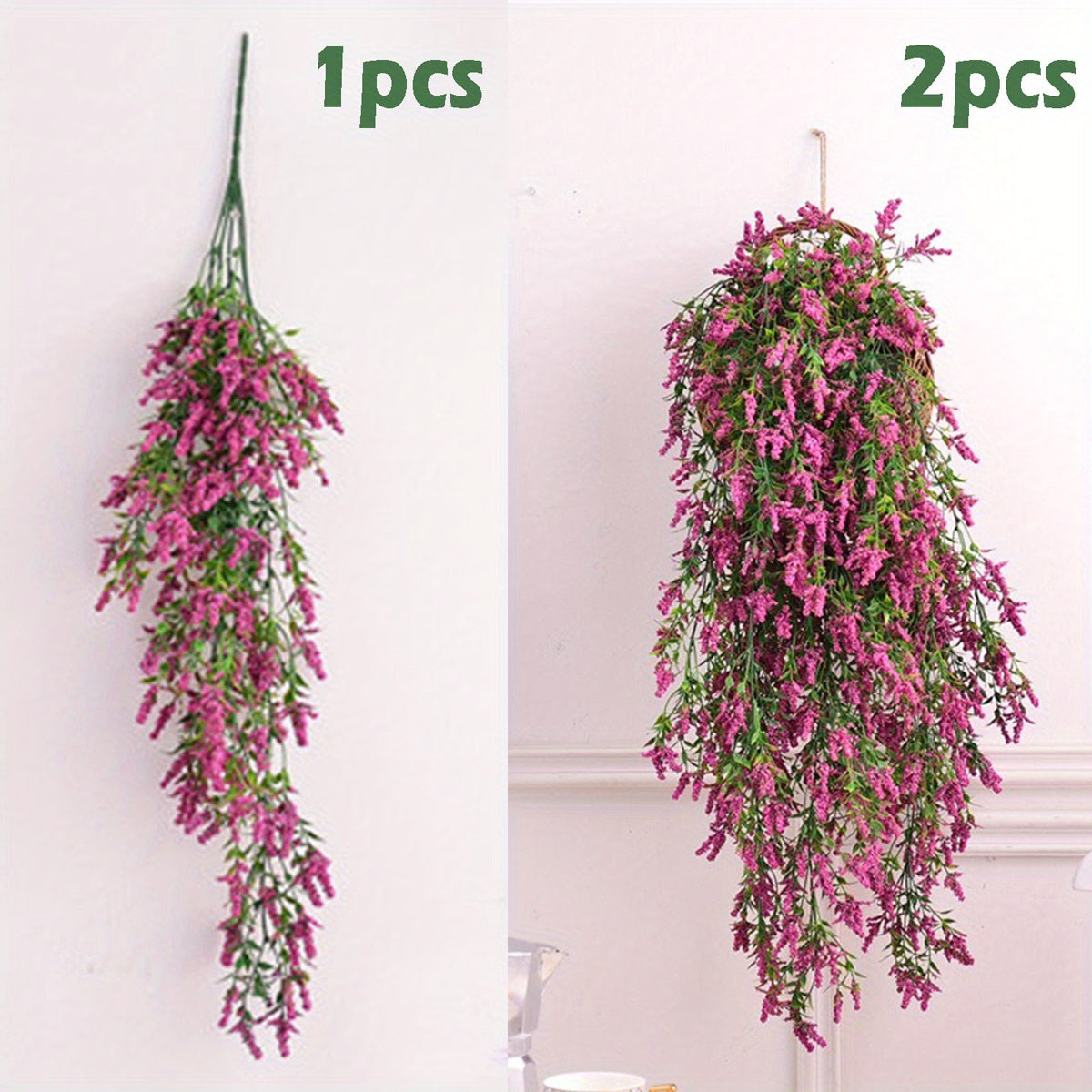 Artificial lavender hanging plants in vibrant pink and green for home decor and indoor gardening