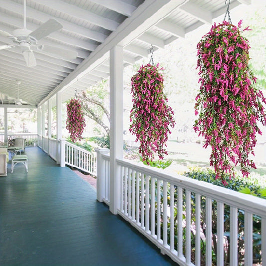 Decorative artificial lavender hanging plants enhancing a porch with vibrant pink flowers