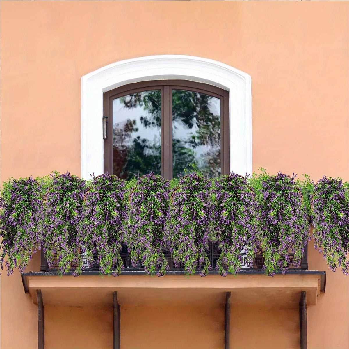 Artificial lavender hanging plants in a decorative window box enhancing outdoor aesthetics