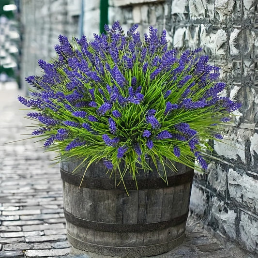 Nutshell artificial lavender plants in a rustic wooden barrel for vibrant garden decor