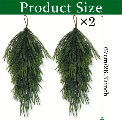 Set of two artificial pine teardrop wreaths, each 67 cm long, perfect for festive home decor