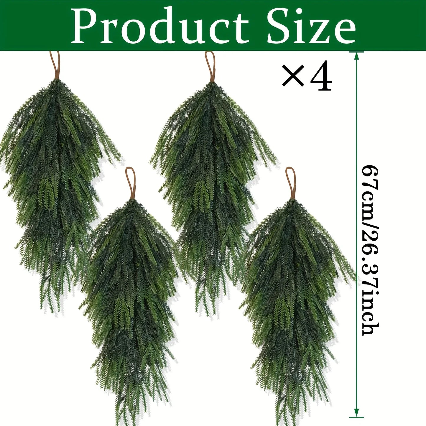 Set of four artificial pine teardrop wreaths measuring 67cm in length for holiday decorations