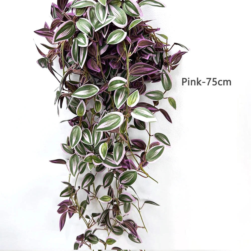 75cm Artificial Vines Leaves in Pink with Lush Green and Purple Stripes Perfect for Home Decor
