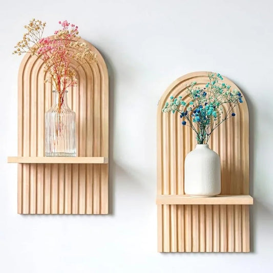 Nutshell boho wooden wall shelves set of two arched ribbed light wood shelves with vases and dried flowers
