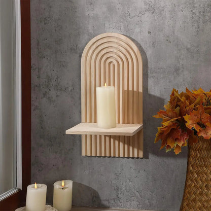 Nutshell boho wooden wall shelves arch shelf in natural wood with candle and autumn decor