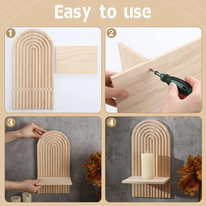 boho wooden wall shelves assembly collage showing arched light wood shelf being screwed together and mounted with candle