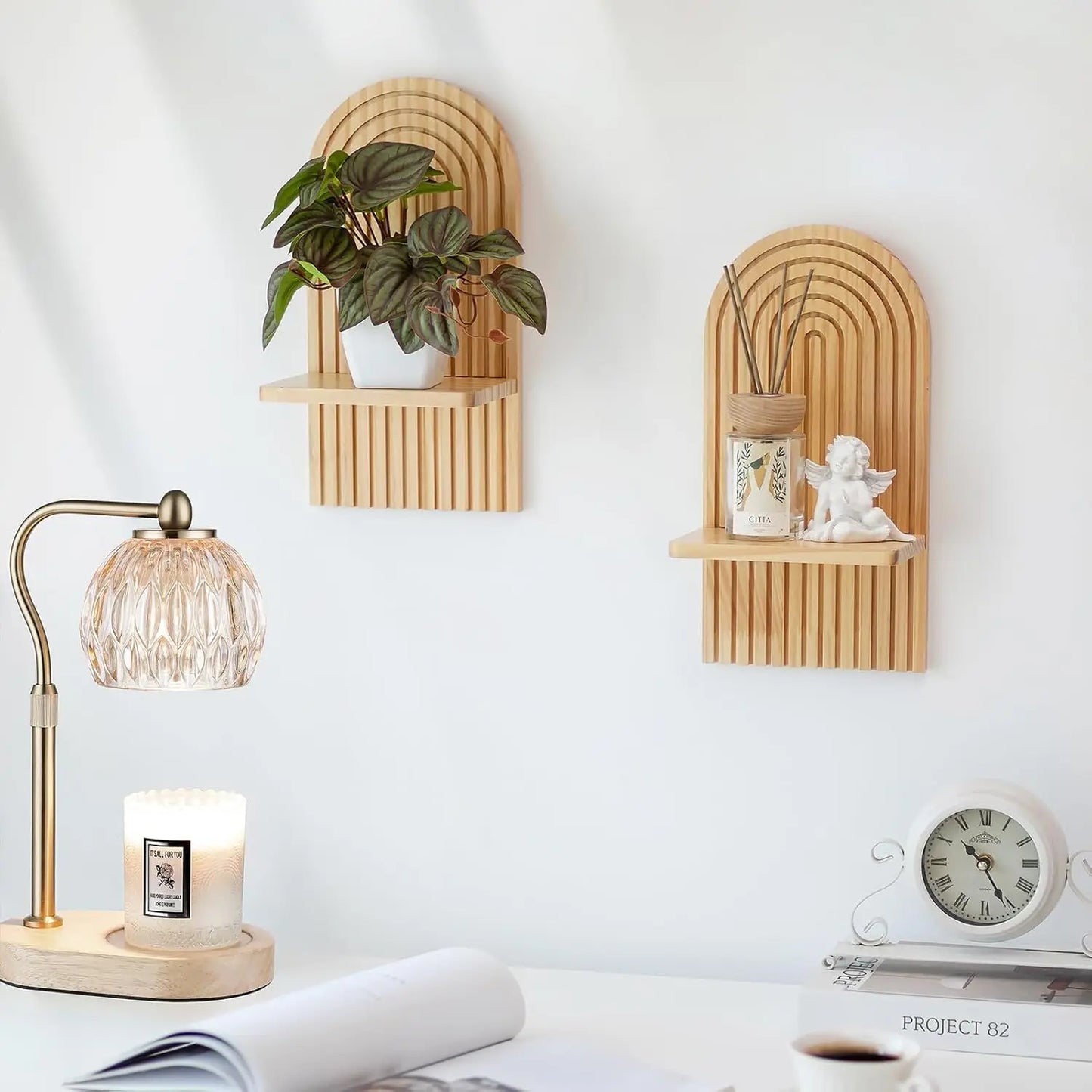 Nutshell boho wooden wall shelves arched slatted pair mounted above desk with plant and decor