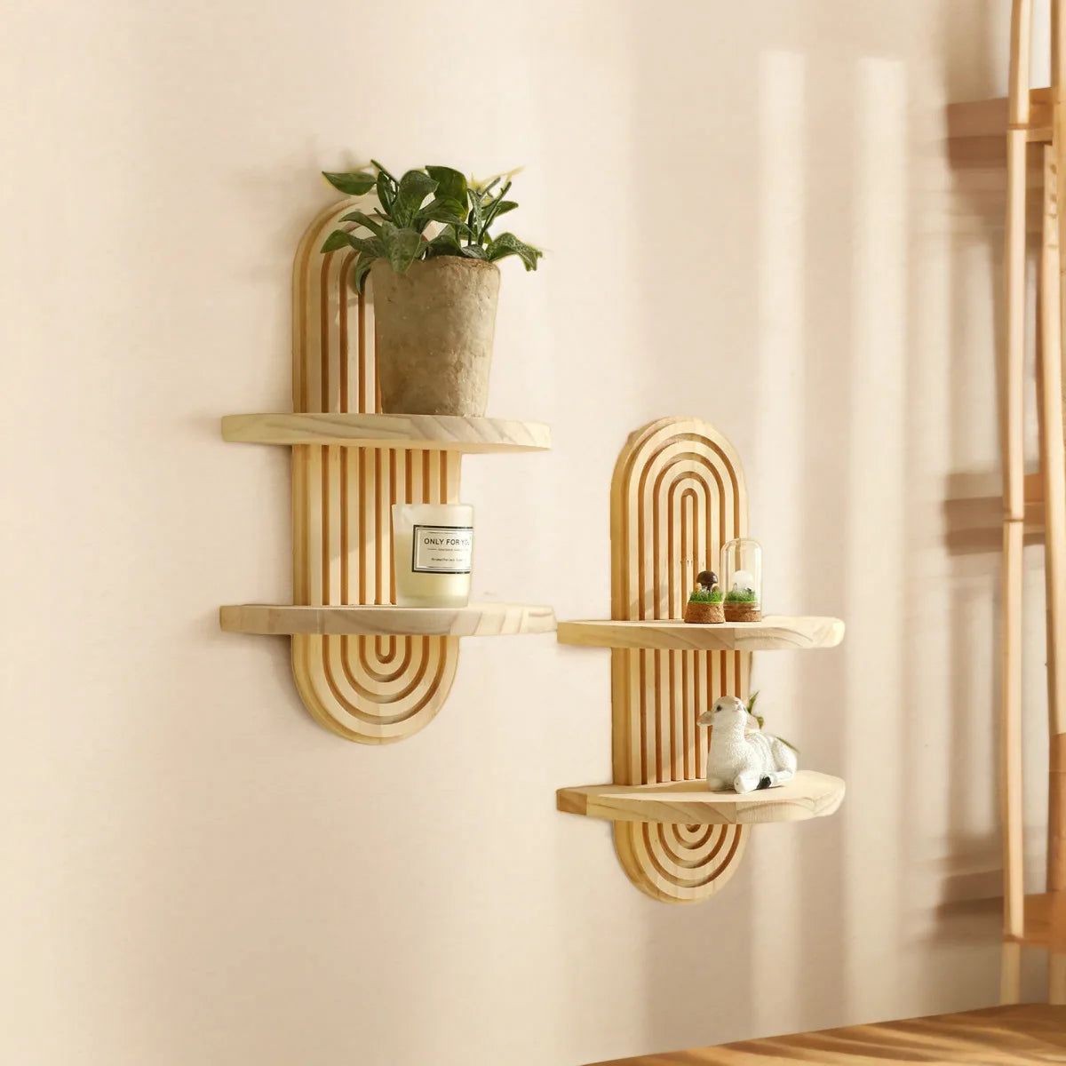 Nutshell boho wooden wall shelves two arched light wood wall mounted shelves with plant and candle decor