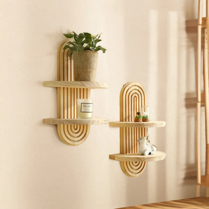 Nutshell boho wooden wall shelves two arched light wood wall mounted shelves with plant and candle decor
