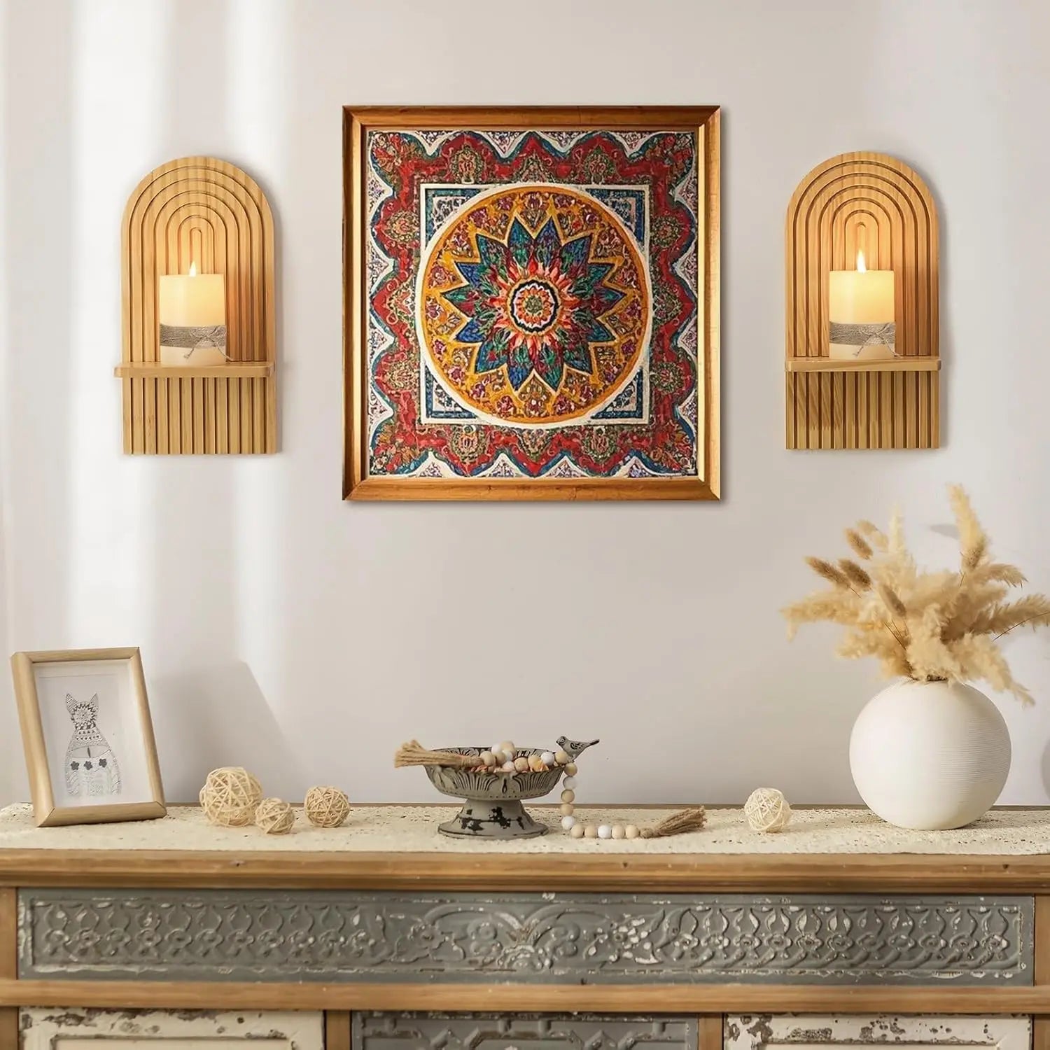 boho wooden wall shelves arched candle ledges flanking colorful mandala print above rustic console table with decor