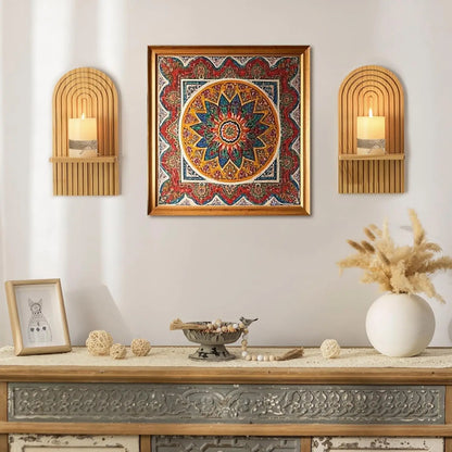 boho wooden wall shelves arched candle ledges flanking colorful mandala print above rustic console table with decor