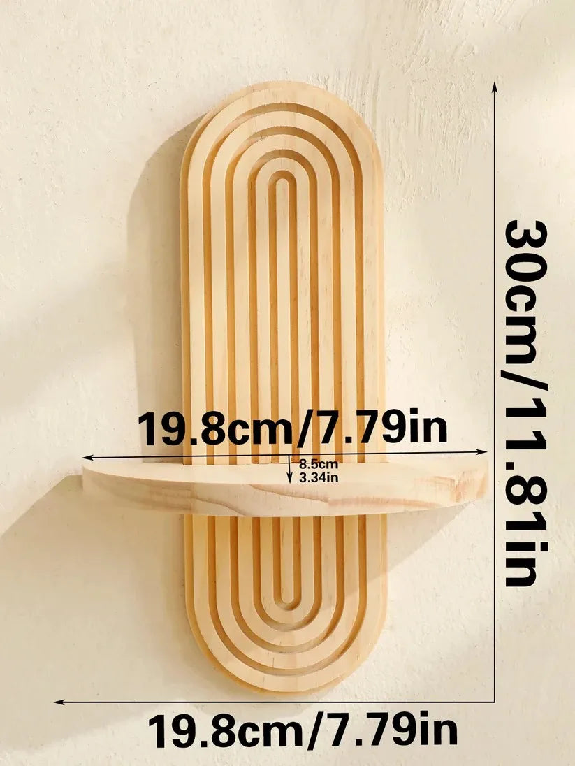 Nutshell boho wooden wall shelves single arched layered wood shelf with concentric grooves and measurement markings