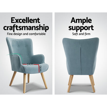 Artiss Armchair Lounge Chair Ottoman in blue with wooden legs showing craftsmanship and support