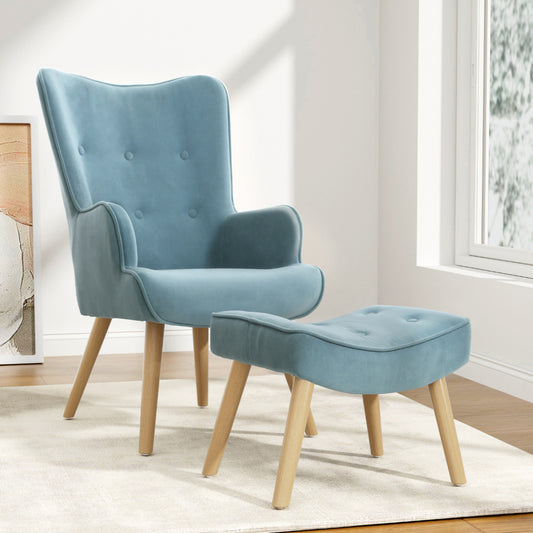 Artiss Armchair Lounge Chair Ottoman in blue velvet with wooden legs in bright modern living room