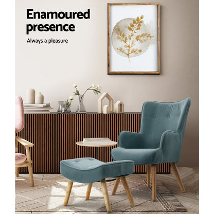 Artiss Armchair Lounge Chair Ottoman in teal fabric with wooden legs in a modern living room setting