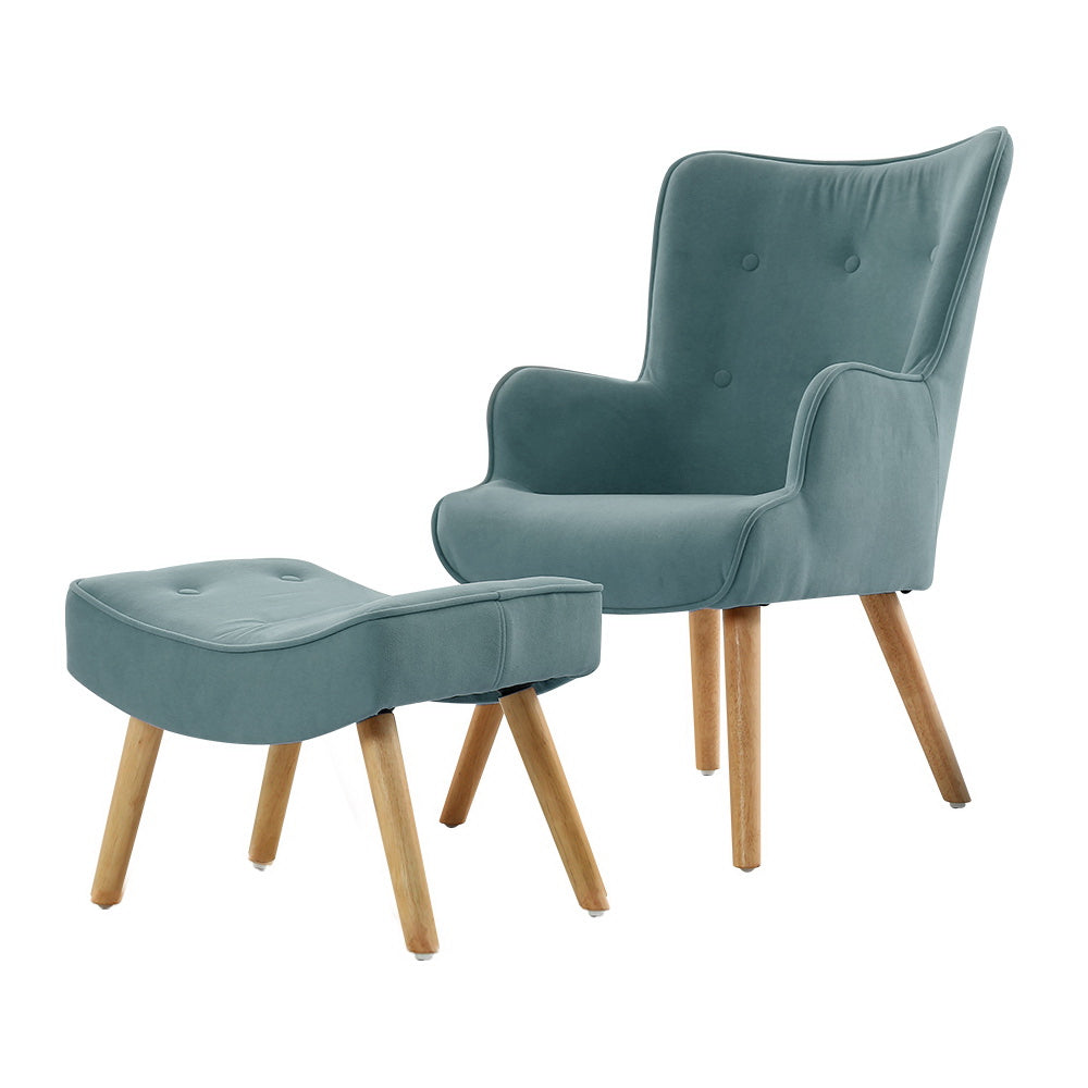 Artiss Armchair Lounge Chair Ottoman in teal fabric with wooden legs by Nutshell