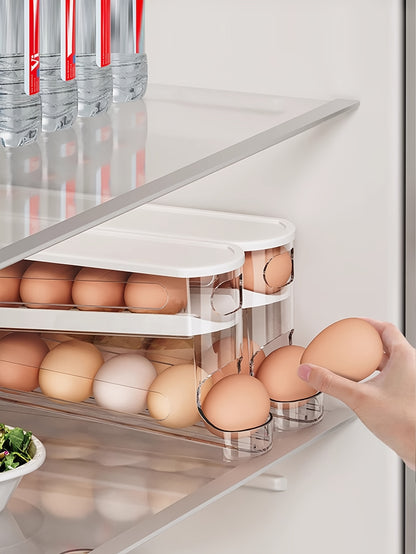 Nutshell automatic egg storage container storing fresh eggs in a refrigerator with easy access