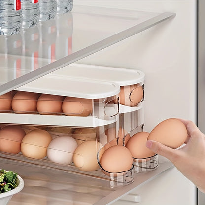 Nutshell automatic egg storage container with multiple compartments for organized egg storage in the refrigerator