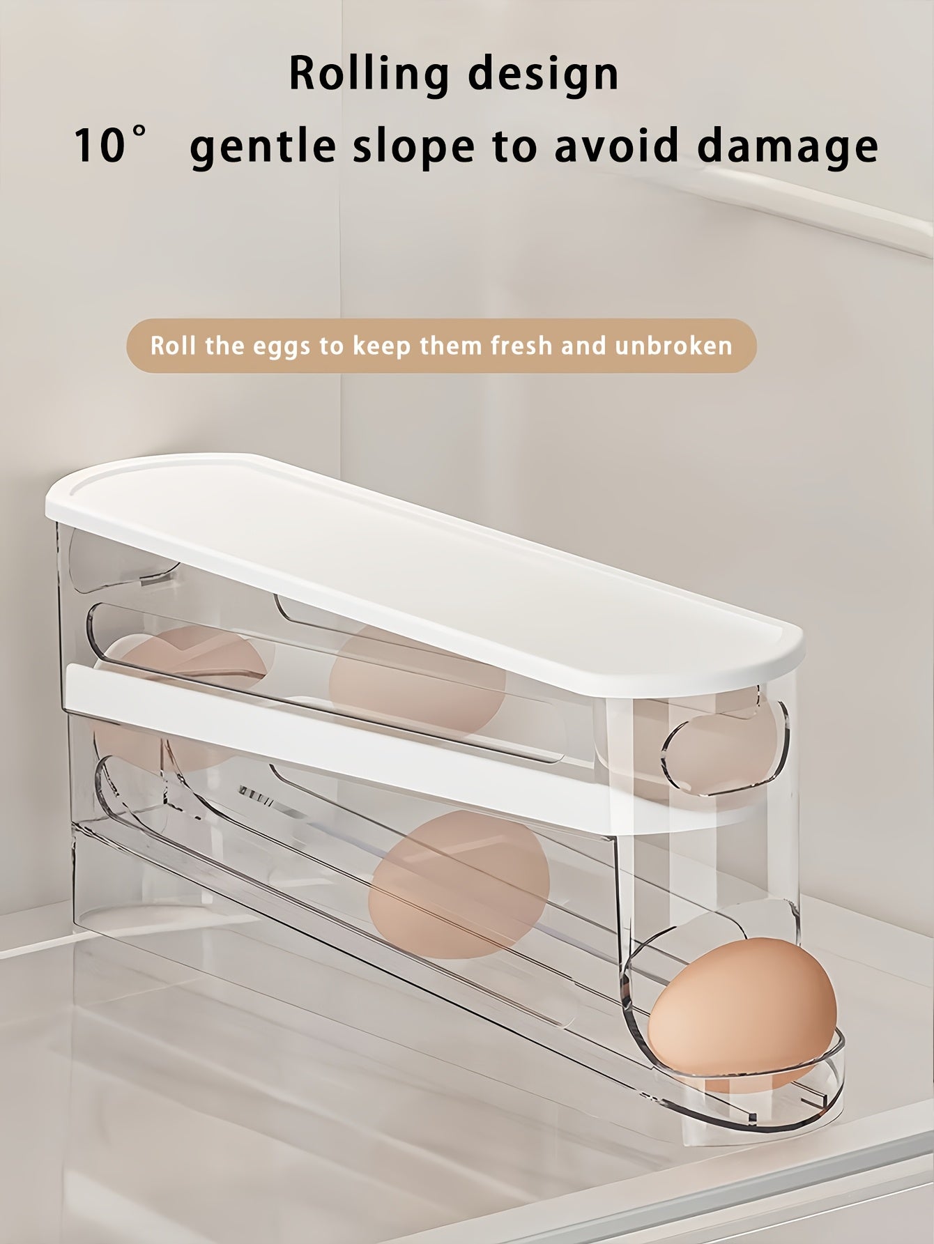 Nutshell automatic egg storage container with a rolling design for fresh and unbroken eggs