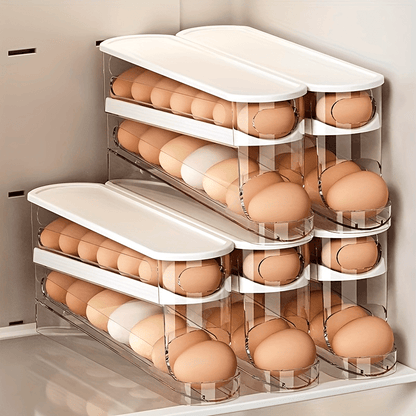 Nutshell automatic egg storage container, clear design with multiple tiers for organized egg storage