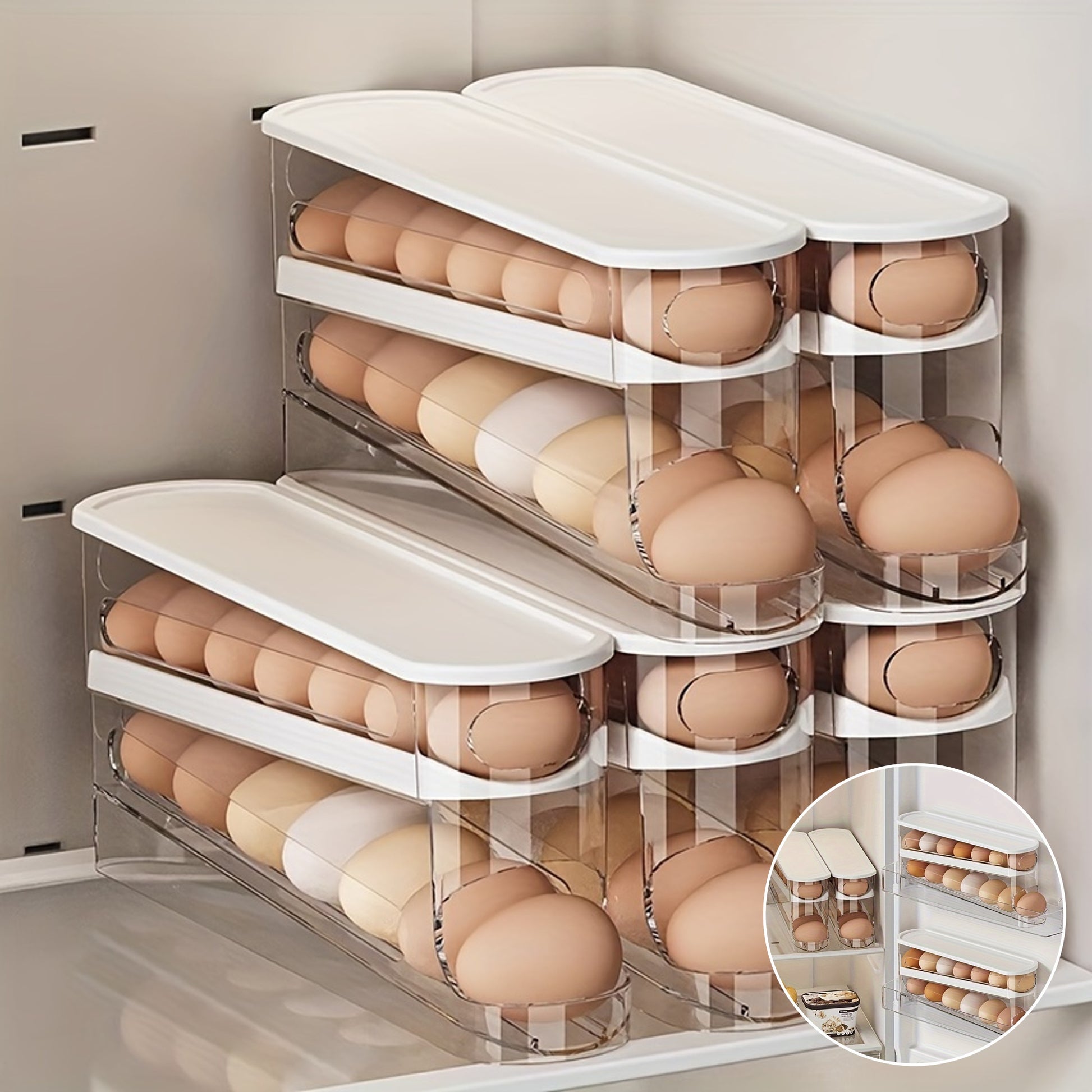 Nutshell automatic egg storage container with stacked compartments holding fresh eggs for easy organization