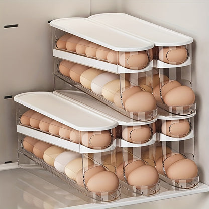 Nutshell automatic egg storage container for organized refrigerator storage with multiple layers