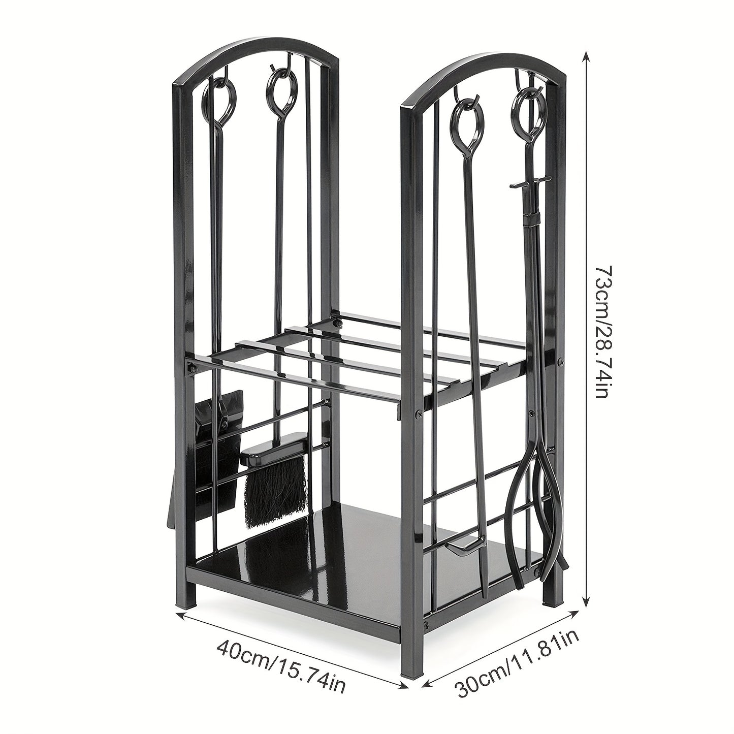 5pcs Indoor Outdoor Wrought Iron Firewood Log Storage Rack Holder Firepit Tools Set for Fireplace, Fire Pit, Stove W/Hook, Broom, Shovel, Tongs